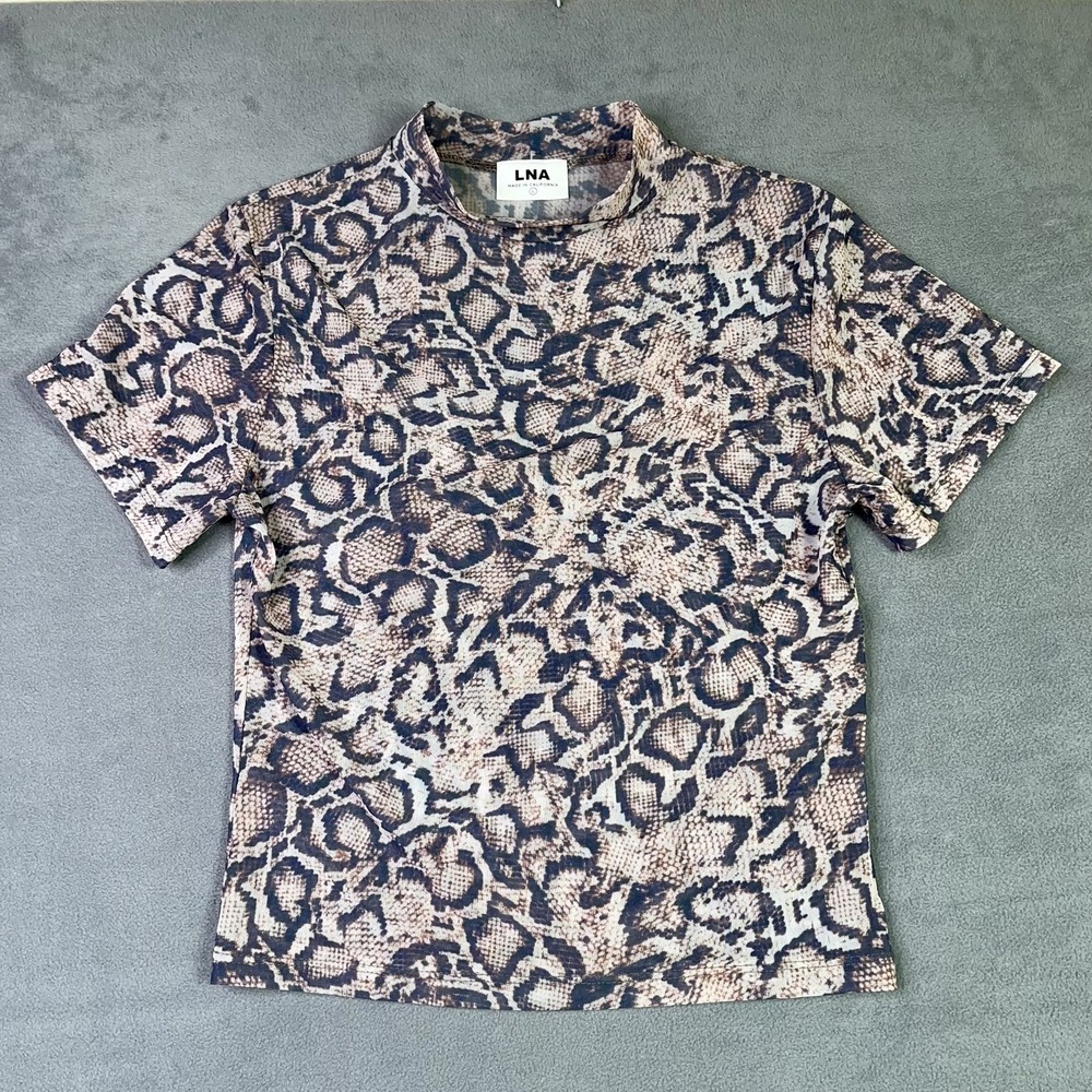 LNA Top Womens Large Snakeskin Mesh Mock Neck Short‎ Sleeve Snake Print Fitted